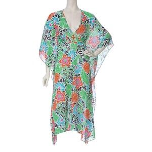 Milly New York Floral Kaftan Midi Dress Beaded Green P Blue 8 Resortwear Luxury